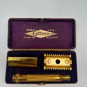 Vintage Gillette Ball End safety razor in with Gold Tone case